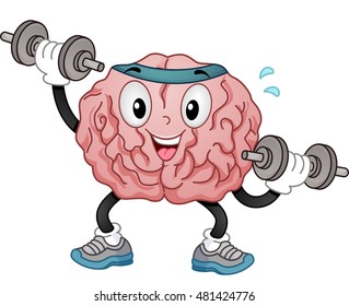 Illustration of a Brain Mascot in Sporty Headband and Training Shoes Alternately Lifting Dumbbells