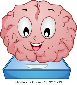 Illustration of a Brain Mascot Standing on a Weighing Scale for Measurement