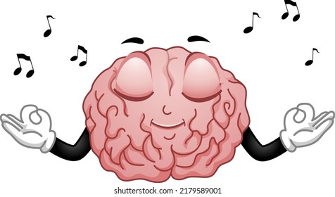 Illustration Of A Brain Mascot In Yoga Pose, Meditating And Using Sound, Music Therapy