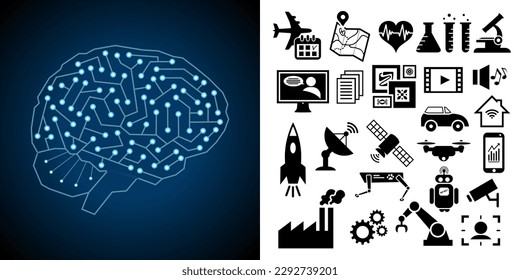 Ilustración de un cerebro sobre inteligencia artificial con una colección de íconos en diferentes áreas de actividad de IA: robótica, arte, salud, investigación, espacio, industria, etc.