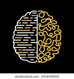 Illustration des Gehirns mit Programmcode und Kreativität auf schwarzem Hintergrund. Psychologie und Medizin. Linearer Stil. Weiße und gelbe Farbe