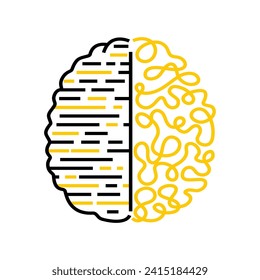 Illustration of brain with program code and creativity on white background. psychology and medicine. Linear style. Black and yellow color