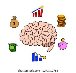 Illustration of a brain surrounded by different icons of economic concepts