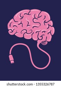 Illustration of a Brain with Wire Connected to a USB Cable