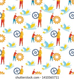Illustration Brainstorming Staff Seamless Pattern. Man in Casual Clothes Turns Big Gear. Flat Degree Satisfaction with their Professional Choice and Work. Effective Team Training Vector.