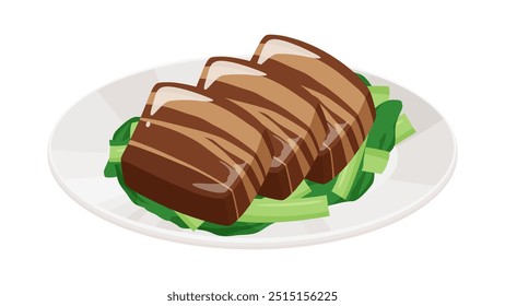 Illustration of braised pork served on a plate