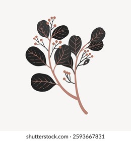 Illustration of a branch with dark leaves and small berries. Simple, minimalist design featuring leaves and berries on a branch. Elegant botanical art. Vector illustration.