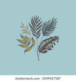 illustration of a branch with leaves. Tropical leaves and feather in black and gold tones on a blue background. An elegant and modern illustration for decor or design.