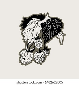 Illustration with branch of raspberry, vector design for paper or fabric