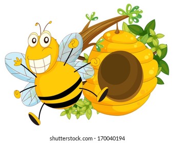 Illustration of a branch of a tree with a beehive and a bee on a white background