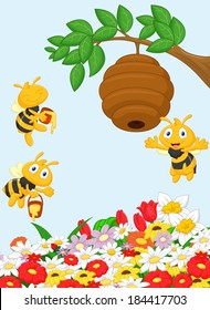 Illustration of a branch of a tree with a beehive and a bee 