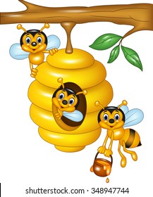 Illustration of branch of a tree with a beehive and bees