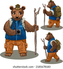 Illustration brand character travel hiking bear with staff and camera