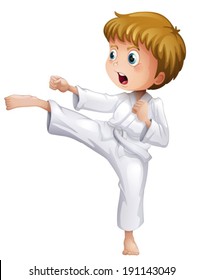 Illustration of a brave boy doing his karate moves on a white background