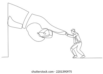 Illustration of brave businessman fight and keep pushing against giant business hand. Metaphor for conflict against boss or employer, david and goliath. One line art style
