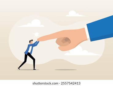 An illustration of brave businessman fight and keep pushing against giant business hand. Conflict against boss or employer, david and goliath, challenge and ambition to do right thing