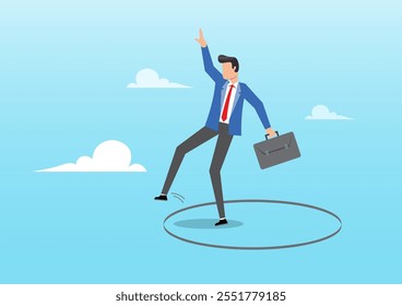 An illustration of brave businessman step out of comfort circle for new success. Step out of comfort zone or safe zone, manage to exit from routine job to start new business journey concept