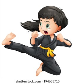 Illustration of a brave girl doing karate on a white background