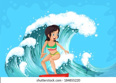 Illustration of a brave girl surfing
