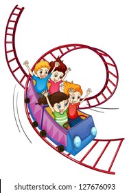 Illustration of brave kids riding in a roller coaster ride on a white background