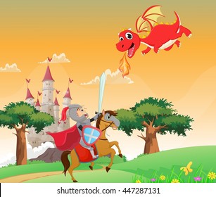 illustration of brave knight fighting with a dragon