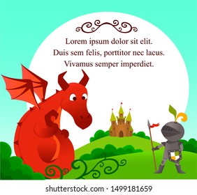 Illustration of a brave knight and a  scared dragon next to castle. With place for text. 