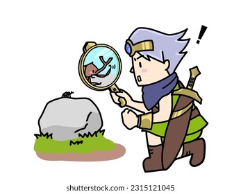 Illustration of a brave man who found something with a magnifying glass