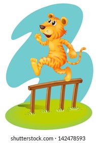 Illustration of a brave tiger jumping over the wooden fence on a white background