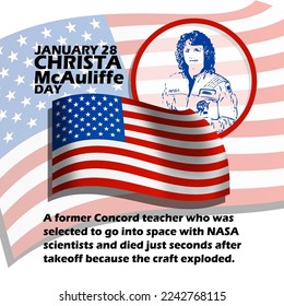 Illustration of a brave woman in circle frame with a waving American flag and bold text with sentence on white background to commemorate Christa McAuliffe Day on January 28