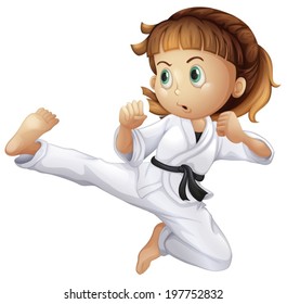 Illustration of a brave young girl doing karate on a white background