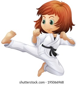 Illustration of a brave young lady doing karate on a white background