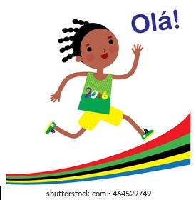 Illustration of a brazil boy running on the colorful road and saying Ola!  Vector