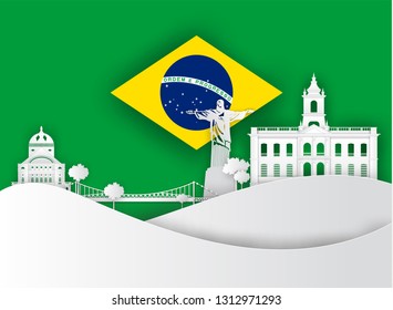 Illustration of Brazil and famous landmark, Paper art stlye.
