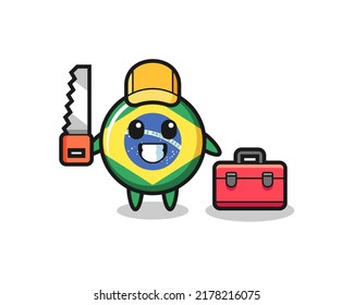 Illustration of brazil flag badge character as a woodworker , cute style design for t shirt, sticker, logo element