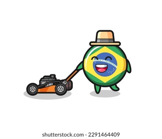 illustration of the brazil flag badge character using lawn mower , cute style design for t shirt, sticker, logo element