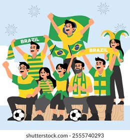 Illustration of Brazil Football Fans Celebrating with Flags and Soccer Elements