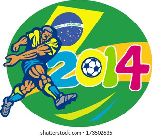 Illustration of a Brazil football player kicking soccer ball with Brazilian flag in background with numbers 2014 done in retro style.