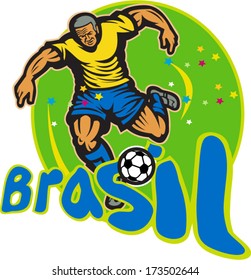 Illustration of a Brazil football player kicking soccer ball in round background with words Brasil done in retro style.