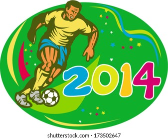 Illustration of a Brazil football player kicking soccer ball set inside oval in isolated background with words Brasil 2014 done in retro style.