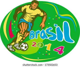 Illustration of a Brazil football player kicking soccer ball set in oval background with words Brasil 2014 done in retro style.