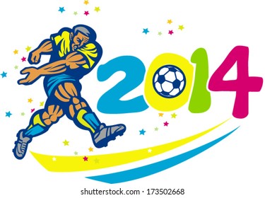 Illustration of a Brazil football player kicking soccer ball with numbers 2014 on isolated white done in retro style.