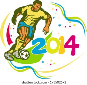 Illustration of a Brazil football player kicking soccer ball on isolated white background with numbers 2014 done in retro style.