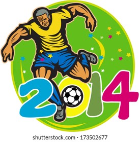 Illustration of a Brazil football player kicking soccer ball in oval background with numbers 2014 done in retro style.