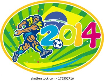 Illustration of a Brazil football player kicking soccer ball with Brazilian flag in background with numbers 2014 set inside oval done in retro style.