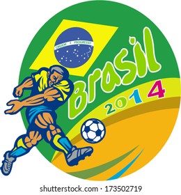 Illustration of a Brazil football player kicking soccer ball with Brazilian flag in background with words Brasil 2014 done in retro style.