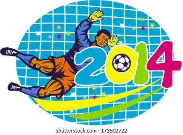 Illustration of a Brazil football player kicking soccer ball with Brazilian flag in background with numbers 2014 done in retro style.