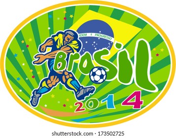 Illustration of a Brazil football player kicking soccer ball with Brazilian flag in background with words Brasil 2014 done in retro style.