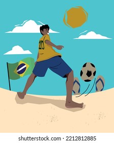 Illustration Of A Brazilian Boy Playing Soccer On The Beach.