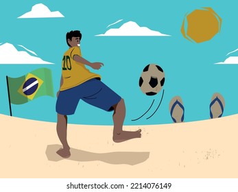 Illustration Of A Brazilian Boy Playing Soccer On The Beach.