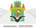 Illustration of a Brazilian Carnival float: vibrant colors, adorned with a toucan and nature theme, featuring dancers, a singer, passistas, and a queen of the drums.